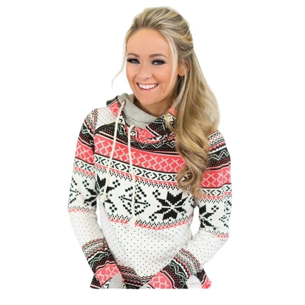 AMPERSAND AVE Fair Isle Double Hoodie Sweatshirt Gray Coral Black Nordic Print S